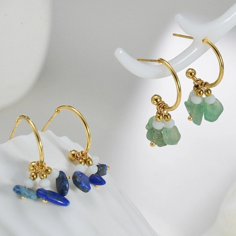 Pendientes De Aro En Forma De C De Acero Inoxidable Con Cuentas De Piedra Natural Y Poste De Oro De 14K Estilo Bohemio Mujeres
