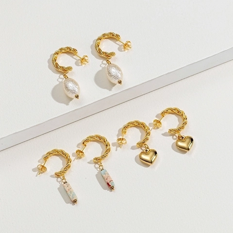 C-Shaped Hoop Earrings With Stainless Steel Earring Post 14K Gold Plated Twisted Heart Artificial Pearl Dangle Vintage For Women