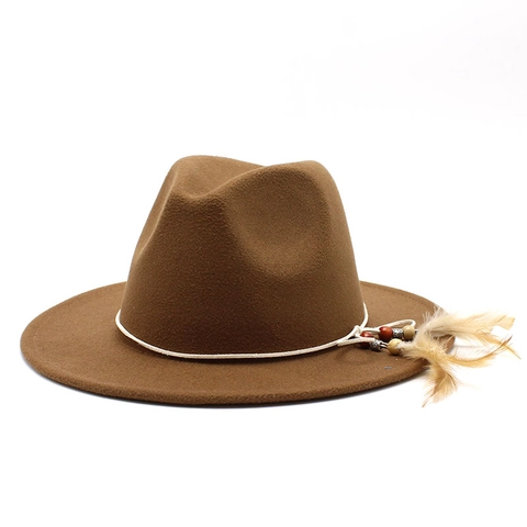 Fedora Hat Wide Brim Wool Felt Vintage Bohemian Style With Feather Wood Beads Decoration For Men Women