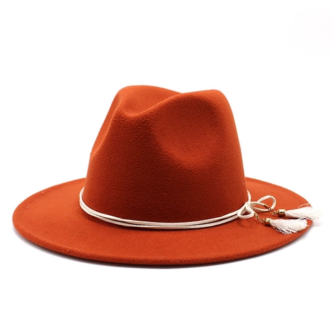 Brede Rand Fedora Hoed Wollen Vilt Retro Jazz Cap Etnische Stijl Wit Touw Dubbele Kwastjes Voor Mannen Vrouwen Elegant