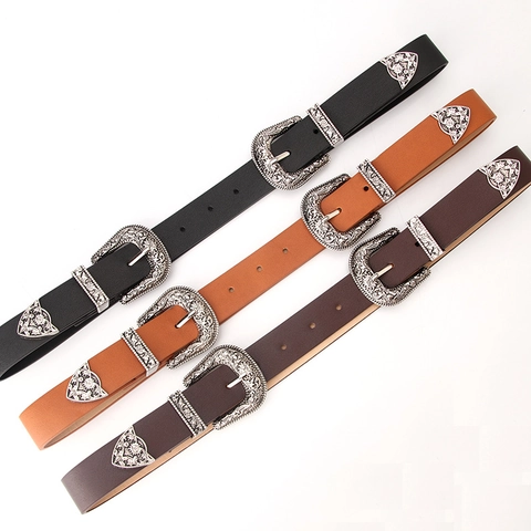 Cinturón De Doble Hebilla Occidental Para Mujer Hebilla De Aleación Grabada Vintage Estilo Vaquero Bohemio Cinturilla De Cuero PU