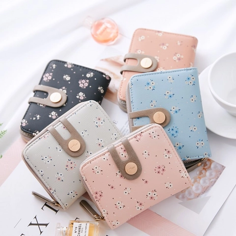 Women Short Wallet PU Leather Floral Print Zipper Bifold Card Holder Coin Purse Portable Fashion For Students Girls