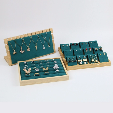 Jewelry Display Stand Bamboo Wood Microfiber Velvet Dark Green Earrings Necklace Ring Organizer Luxury Counter