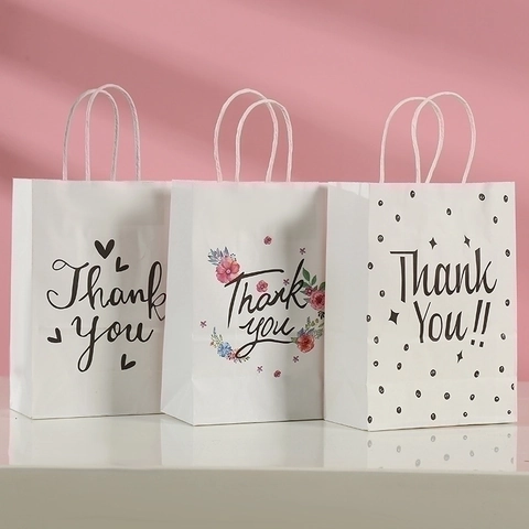White Kraft Paper Gift Bags With Handles Thank You Print For Birthday Wedding Shopping Party Favors