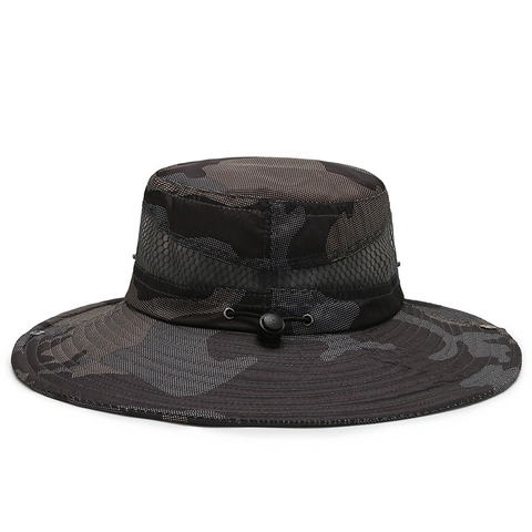 Camouflage Outdoor Bucket Hat Wide Brim Polyester Mesh Breathable Sun Protection Boonie Hat For Hiking Fishing Travel Unisex