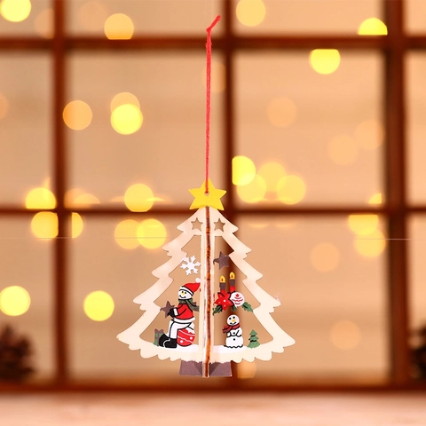 Ornamenti Appesi Di Natale 3D In Legno Albero Stella Campana Forme Dipinte Babbo Natale Pupazzo Di Neve Orso Arredo
