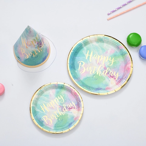 Articoli Per Feste Happy Birthday Piatti Di Carta E Cappelli Usa E Getta Stampa Oro Cielo Stellato Decorazione