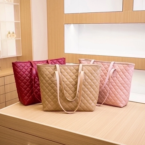 Quilted Rhombic Pattern Tote Bag PU Leather Large Capacity Shoulder Handbag For Women Fashionable Daily Commute Elegant