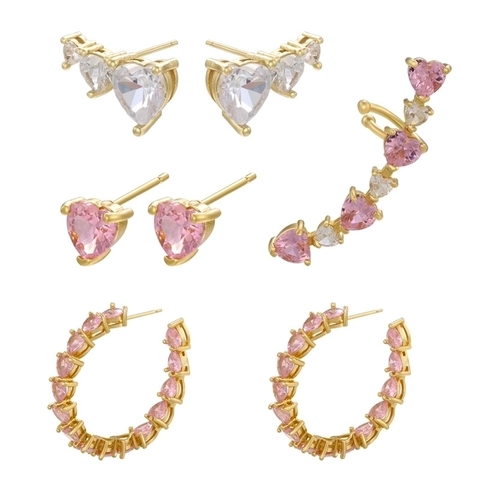 Messing Gold Plattiert Rosa Weiß Zirkon Herz Ohrringe Stecker Creolen Romantischer Schmuck Für Damen