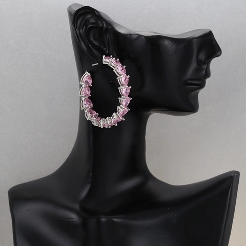 Messing Gold Plattiert Rosa Weiß Zirkon Herz Ohrringe Stecker Creolen Romantischer Schmuck Für Damen