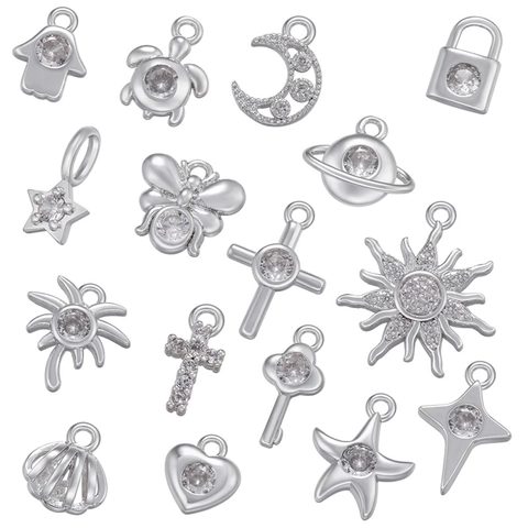Ciondoli Mini Ottone Zirconia Cubica Stella Luna Croce Cuore Chiave Pianeta Conchiglia Ape DIY Creazione Gioielli