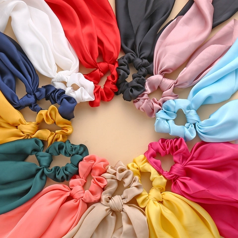 Elegante Satin Haar Scarf Scrunchies Lange Streamer Bogen Elastische Haarbänder Einfarbig Pferdeschwanz Halter Für Frauen