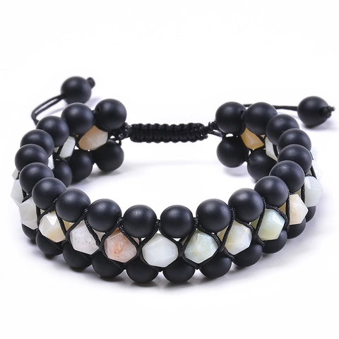 Multi Layer Beaded Bracelet Amazonite Tiger Eye Natural Stone Faceted Matte Beads Adjustable Braided Rope Unisex Jewelry