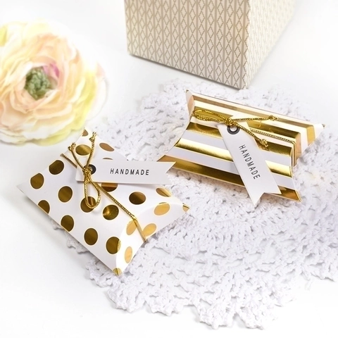 Mini Kissen Geschenkboxen Weißes Papier Goldfolie Punkte Streifen Muster Hochzeit Party Mitgebsel Handgemachte Süßigkeiten Verpackung