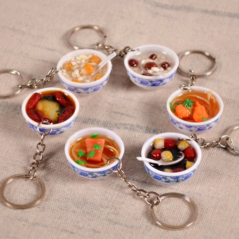 Portachiavi Ciotola Di Cibo Simulazione Stile Porcellana Blu E Bianca Tradizionale Cinese Resina Pendente Miniatura Regalo Novità