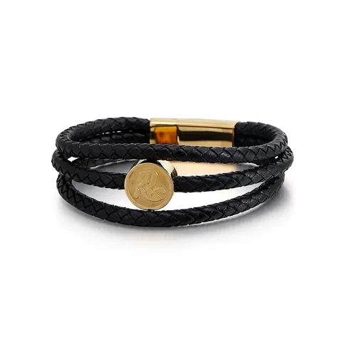 Multi Layer Braided Cowhide Leather Bracelet With Stainless Steel Round Nin Character Charm Retro Wristband For Men