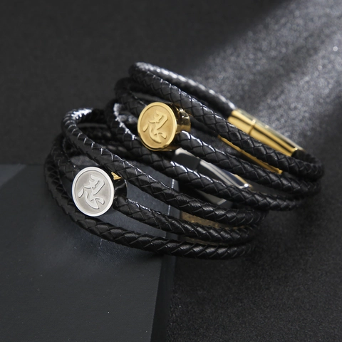 Pulsera De Cuero Trenzado Multicapa Para Hombre Placa Redonda De Acero Inoxidable Grabada Carácter Vintage Retro Punk