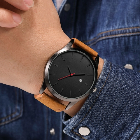 Minimalist Men Quartz Watch PU Leather Strap Alloy Case Date Calendar Waterproof Sport Casual Wristwatch