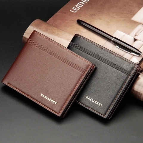 Men Wallet PU Leather Litchi Grain Bifold Short Business Casual Multi Card Slots Contrast Stitching