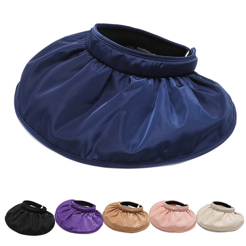 Women Sun Visor Hat Large Brim Pleated Ruched Topless Shell Hat Polyester UV Protection Breathable Summer Beach Outdoor