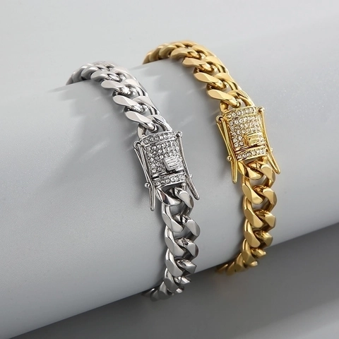 Bracciale Maglia Cubana in Acciaio Inossidabile Hip Hop da Uomo Con Chiusura in Strass Oro Argento Placcato Gioielli Moda Streetwear