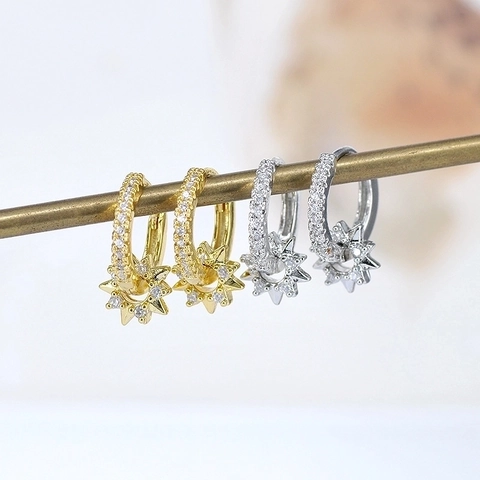 Orecchini a Cerchio Stella Lusso Francese per Donna Perno in Argento Sterling 925 Rame Strass Orecchini a Stella Pentagramma Rotante