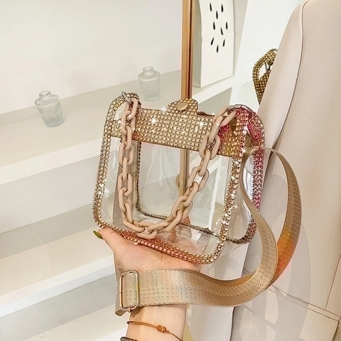 Fashion Transparent PVC Shoulder Bag Rhinestone Trimmed Small Square Crossbody With Chain Handle And Wide Strap