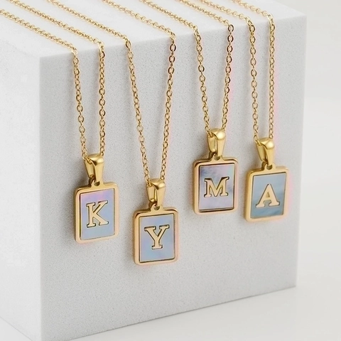 Initialen Ketting 18K Verguld Roestvrij Staal Natuurlijke Schelp Rechthoekige Hanger Voor Dames Chique Sieraden