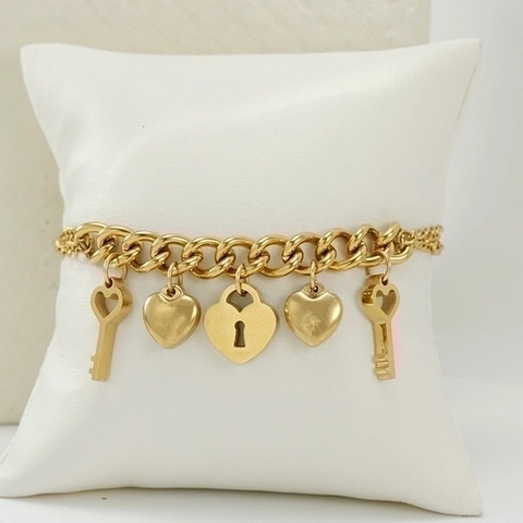 Pulsera De Acero Inoxidable Para Mujer Chapada En Oro De 18K Dijes De Corazón Llave Árbol De La Vida Joyería Retro