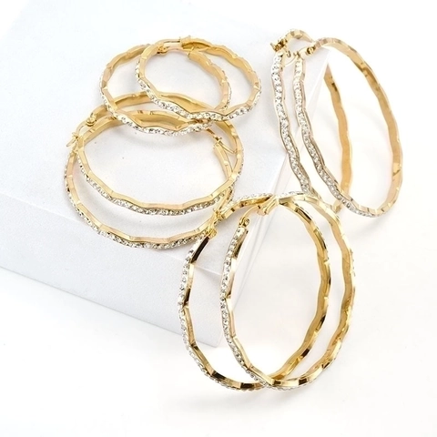 Large Wavy Hoop Earrings For Women 304 Stainless Steel Gold Plated Clear Rhinestone Zircon Inlaid Trendy Jewelry