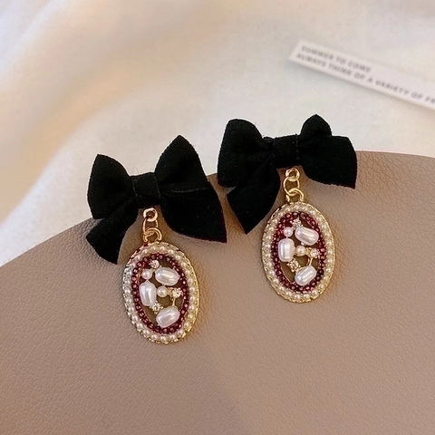 Französische Vintage Schleife Künstliche Perlen Ohrringe Stoff Samt Legierung Eleganter Schmuck Damen Mit 925 Sterling Silber Ohrstecker