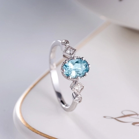 Oval Light Blue Gemstone Copper Ring Vintage Geometric Adjustable Open Finger Ring For Women Elegant Jewelry Gift