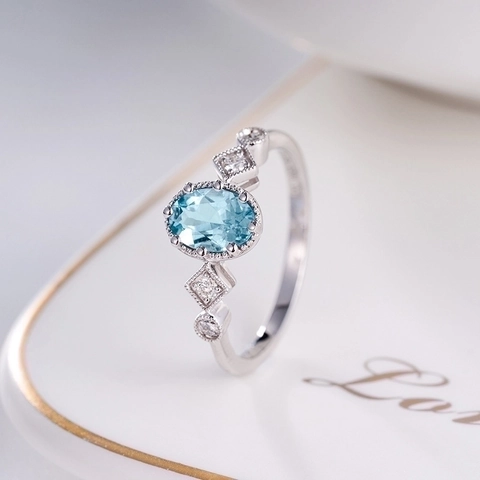 Oval Light Blue Gemstone Copper Ring Vintage Geometric Adjustable Open Finger Ring For Women Elegant Jewelry Gift
