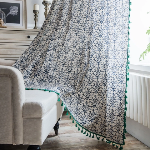 Vintage Chinese Style Kitchen Door Curtain Blue White Floral Print Cotton Linen Semi Blackout Decorative Green Tassel Trim