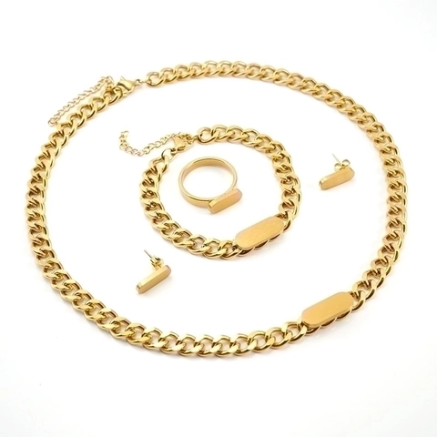 Gouden Titanium Staal Cubaanse Schakelketting Ketting Armband Ring Oorbellen Hip Hop Stijl Rechthoekige Plaat Mannen Vrouwen