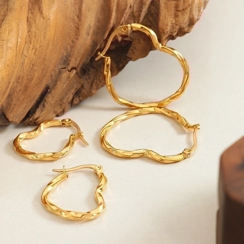 Heart Stud Earrings Stainless Steel 18K Gold Plated Irregular Wavy Twisted Texture Women Minimalist Korean Style Jewelry