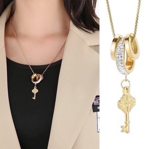 Stainless Steel Long Necklace With Interlocking Rings Rhinestone And Floral Key Pendant Chic Fashion Jewelry For Women