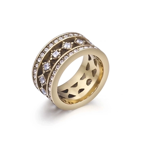 Anillo De Banda Ancha De Acero Inoxidable Con Zircón Blanco Geométrico Hueco Rombo Estilo Retro Para Mujeres