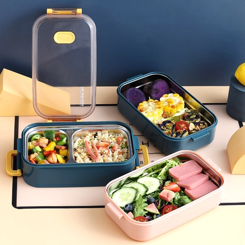 Draagbare Bento Lunchbox 304 Roestvrij Staal Dubbellaags Geïsoleerd Verdeelde Voedselcontainer Met Handvat Voor Kantoor Student