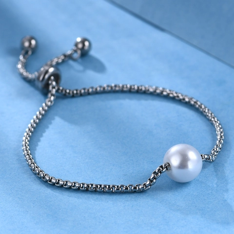 Pulsera De Perlas Artificiales Ajustable Minimalista Cadena De Caja Acero Inoxidable Perla Artificial Redonda Cierre Deslizante Joyería Mujer
