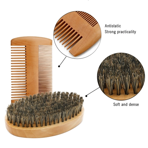 Beard Grooming Kit Wooden Boar Bristle Brush Double Sided Wood Comb For Men Face Hair Styling Natural Material Anti Static