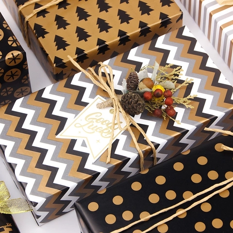 Gift Wrapping Paper Gold Black Polka Dot Chevron Reindeer Stripe Pattern Art Paper For Christmas Birthday Holiday Present Packaging