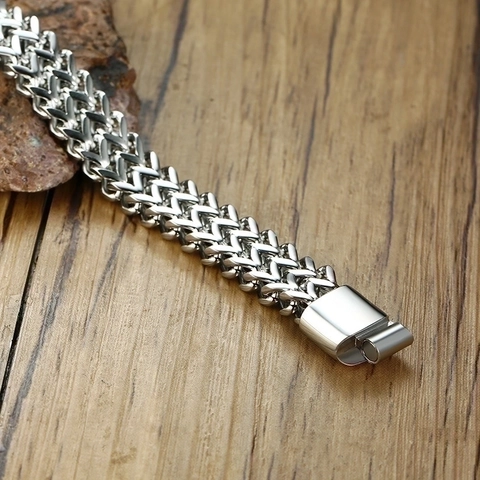 Men Stainless Steel Wide Chain Bracelet Double Layer Woven Wheat Texture Punk Hip Hop Jewelry