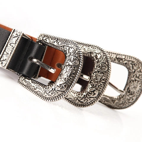 Cinturón De Doble Hebilla Occidental Para Mujer Hebilla De Aleación Grabada Vintage Estilo Vaquero Bohemio Cinturilla De Cuero PU