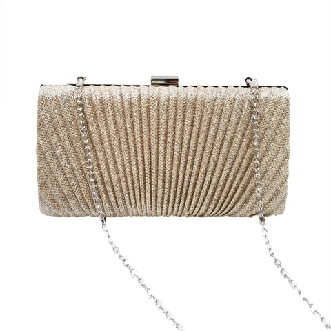 Shimmering Pleated Glitter Evening Clutch Bag Hard Shell Handbag With Removable Chain Strap For Women Wedding Party