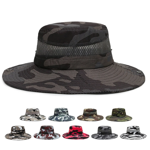 Camouflage Outdoor Bucket Hat Wide Brim Polyester Mesh Breathable Sun Protection Boonie Hat For Hiking Fishing Travel Unisex