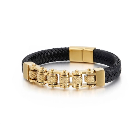 Herren Motorradkette Armband Edelstahl Und Geflochtenes Rindsleder Punk Industrial Style Biker Schmuck