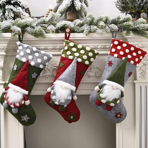 Christmas Stocking Decoration With 3D Gnome Doll Lamb Wool Felt Fabric For Fireplace Mantle Hanging Holiday Decor