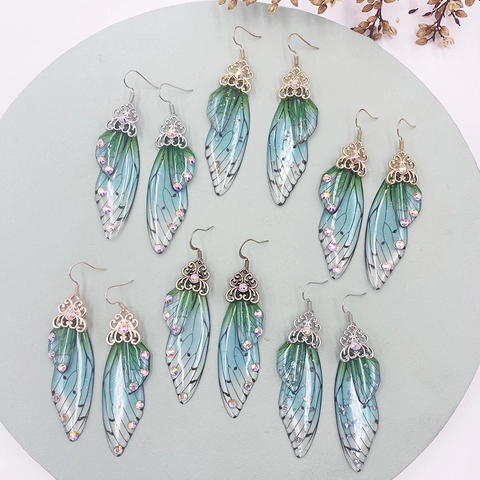 Orecchini Pendenti Ali Di Cicala Farfalla Sfumati Resina Strass Rame Con Perno In Argento Sterling 925 Eleganti