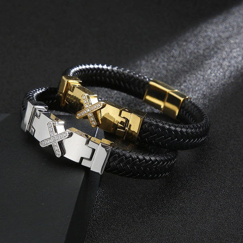 Bracciale In Pelle Intrecciata Con Ciondolo Croce X In Acciaio Inossidabile Zirconia Chiusura Magnetica Gioielli Punk Da Uomo